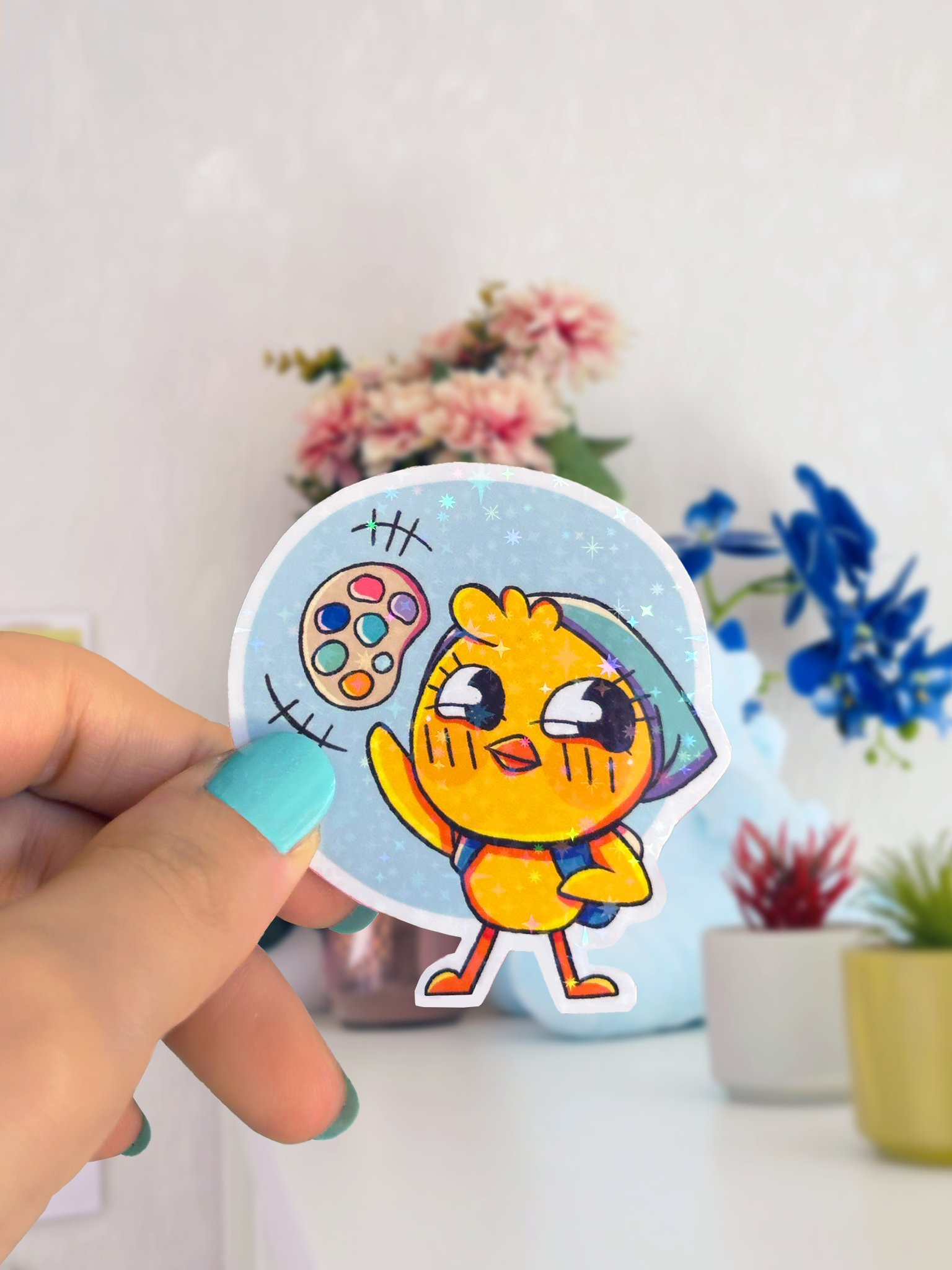 sticker mignon et holographique poussin pew pour fans de scrapbooking et journaling