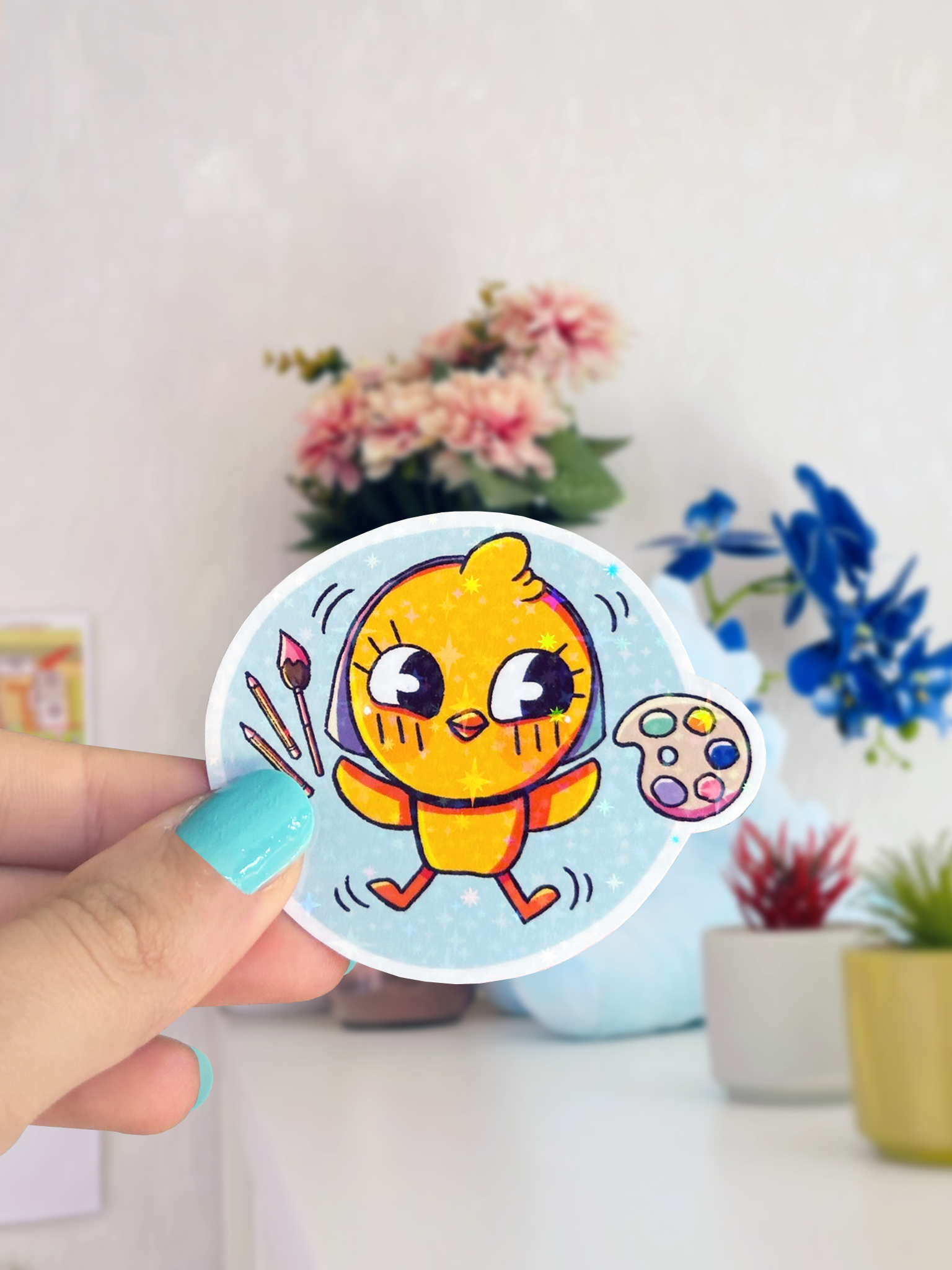 sticker mignon et holographique poussin pew pour fans de scrapbooking et journaling