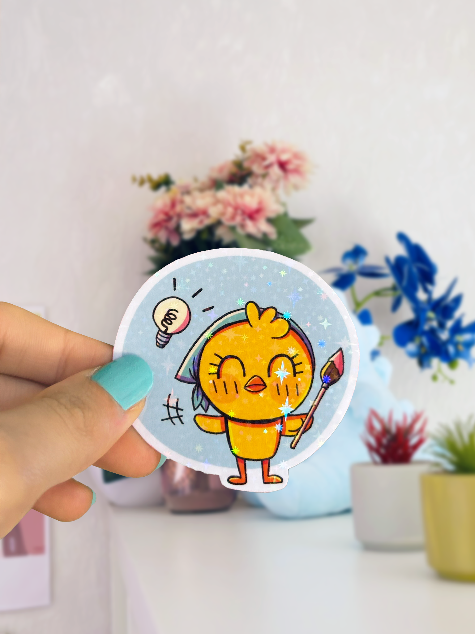 sticker mignon et holographique poussin pew pour fans de scrapbooking et journaling